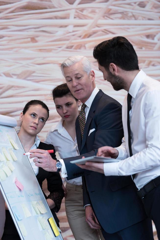 groupe de gens d'affaires remue-méninges et prise de notes sur le tableau de bord photo