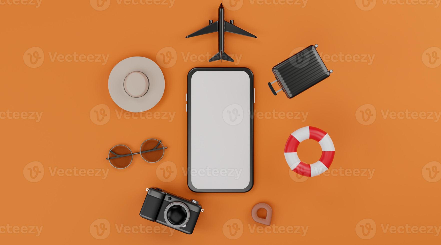 maquette mobile à écran blanc avec avion, anneaux de natation gonflables, appareil photo, bagages, chapeau et lunettes de soleil sur fond orange concept de voyage. rendu 3d photo