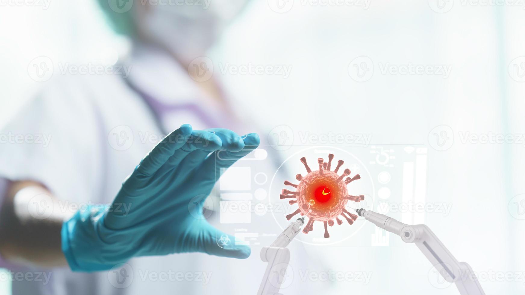 la main du médecin tient un écran de tablette transparent montrant une cellule de virus corona avec un bras robotique. photo