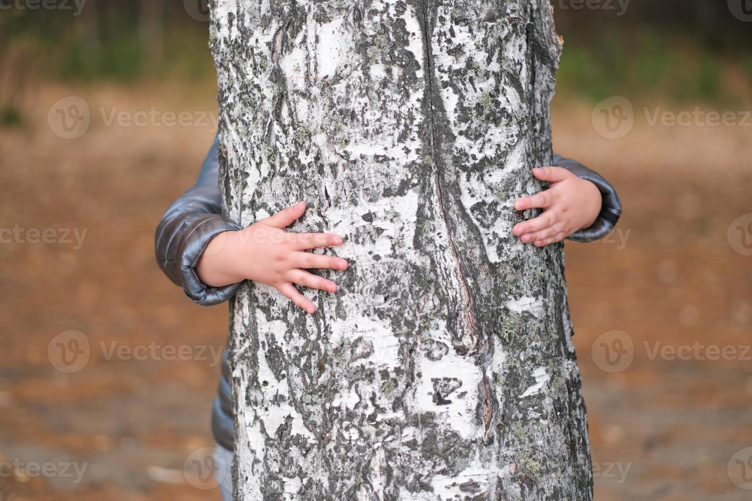 fille amoureuse de la nature étreignant un énorme tronc d'arbre dans le parc, fille se cachant derrière l'arbre. contact humain et nature photo