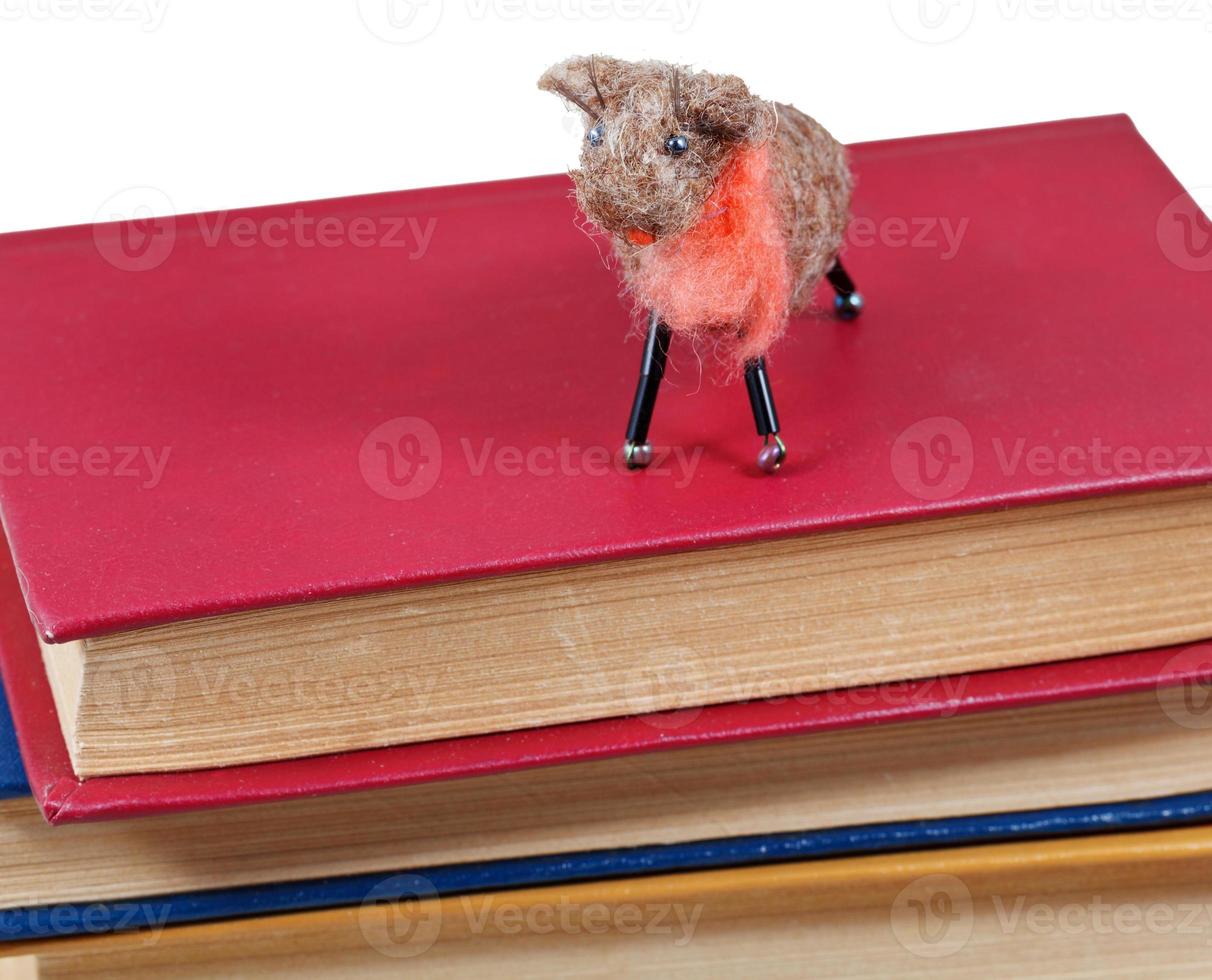 Moutons en peluche en feutre sur une pile de livres photo