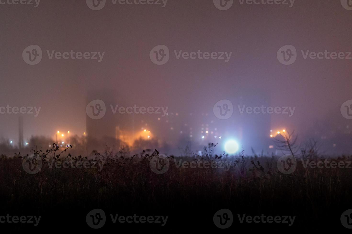 champ d'herbe sombre et sèche devant un ghetto de banlieue dépressif de nuit brumeuse avec photo