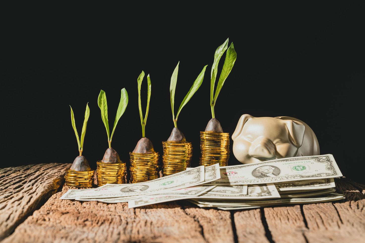 Tirelire avec des pièces et des billets d'un dollar sur la table photo