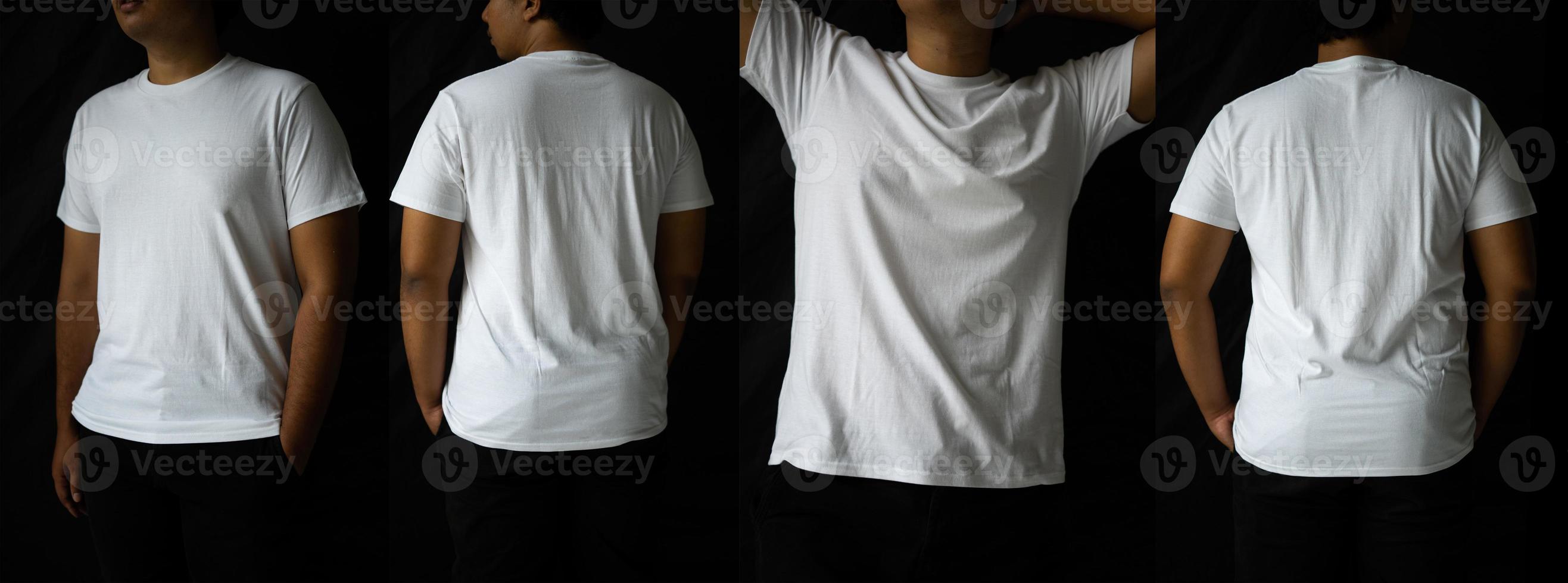 les hommes élégants portent des t-shirts unis pour les maquettes. La conception de t-shirt vierge s'affiche à l'arrière et à l'avant. photo