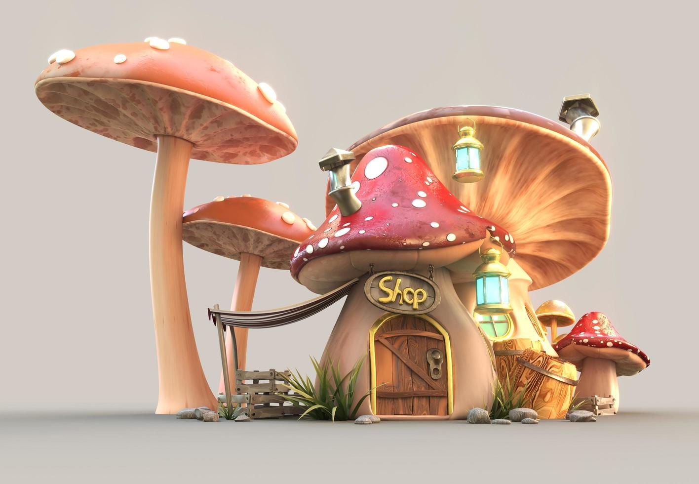 3d-illustration d'un joli bâtiment de maison de magasin de champignons fantastique ou féerique photo