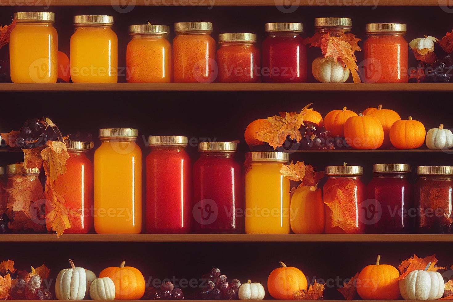 étagère pleine de confitures d'automne, de fruits et de citrouilles, illustration 3d, modèle sans couture. photo