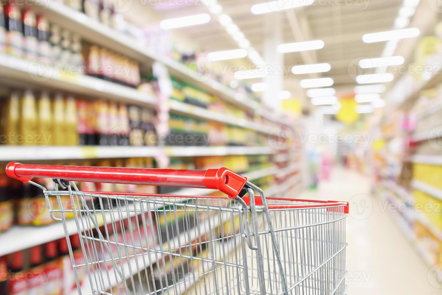 panier vide avec abstrait flou supermarché magasin discount allée et étagères de produits intérieur arrière-plan défocalisé photo