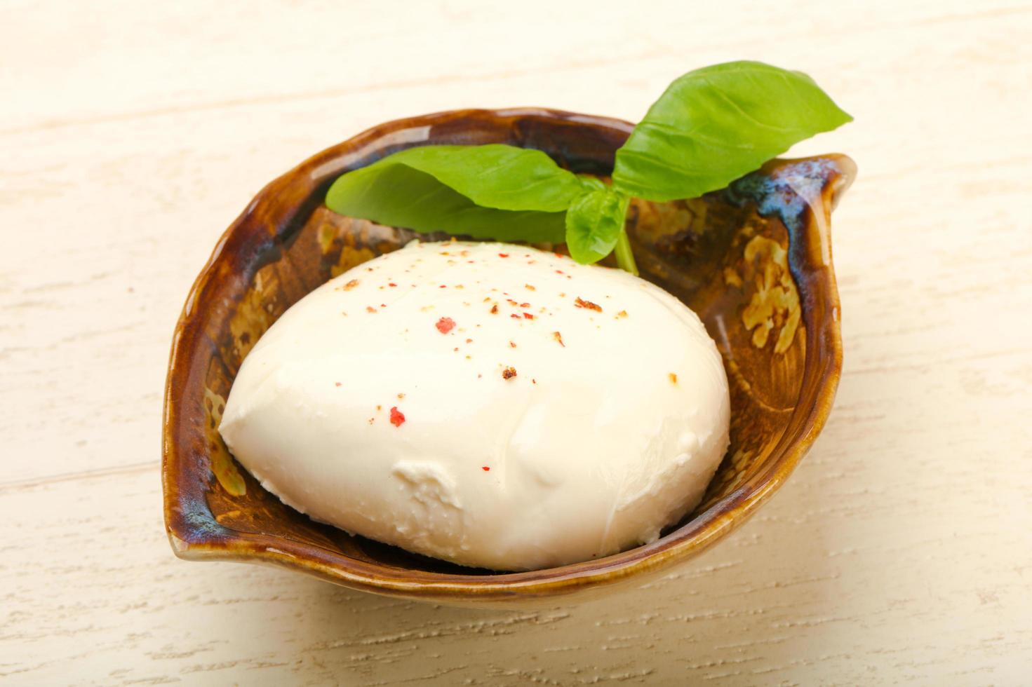 Fromage mozzarella dans un bol sur fond de bois photo