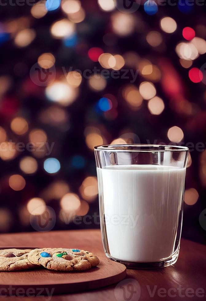 Illustration 3d de biscuits et de lait avec bokeh de sapin de noël photo