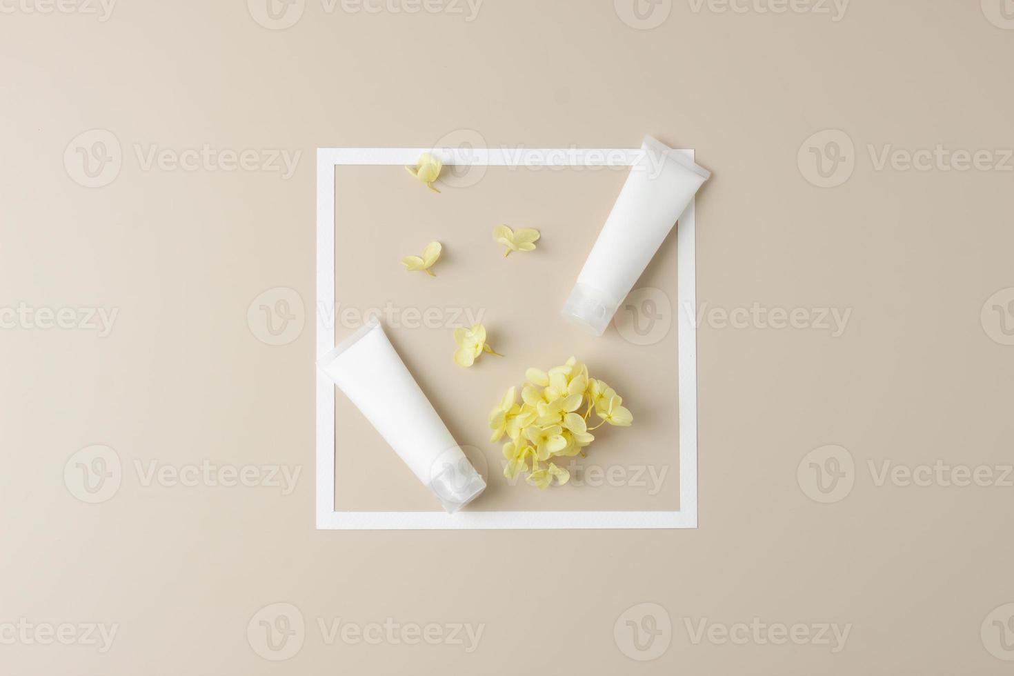 tubes blancs de crème cosmétique avec cadre blanc et fleurs sur fond beige pastel. mise à plat, espace de copie photo