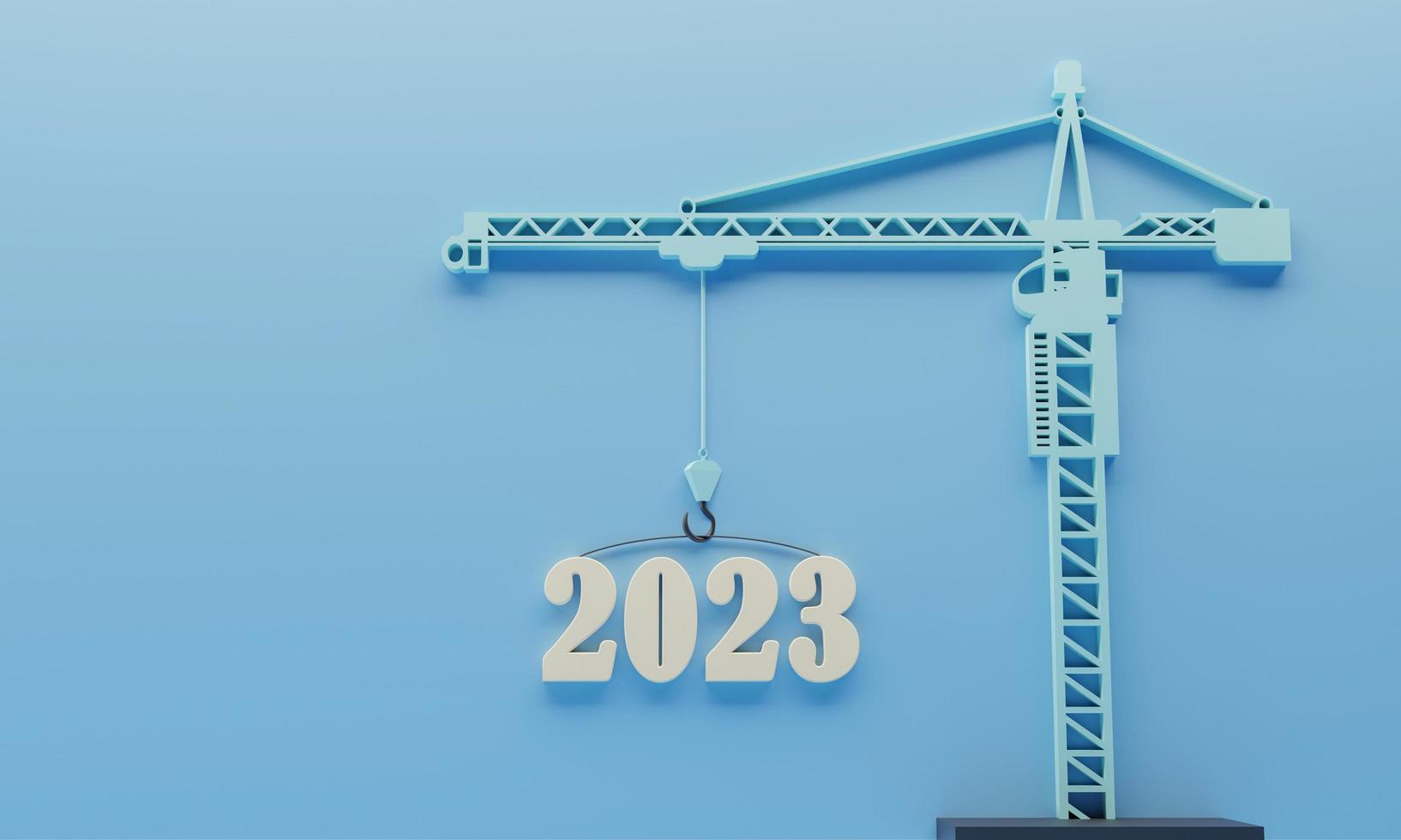 2023 numéro 3d sur une grue sur fond bleu, bonne année 2023 pour un chantier de construction, vision pour le fond de l'année prochaine. illustration de rendu 3d. photo