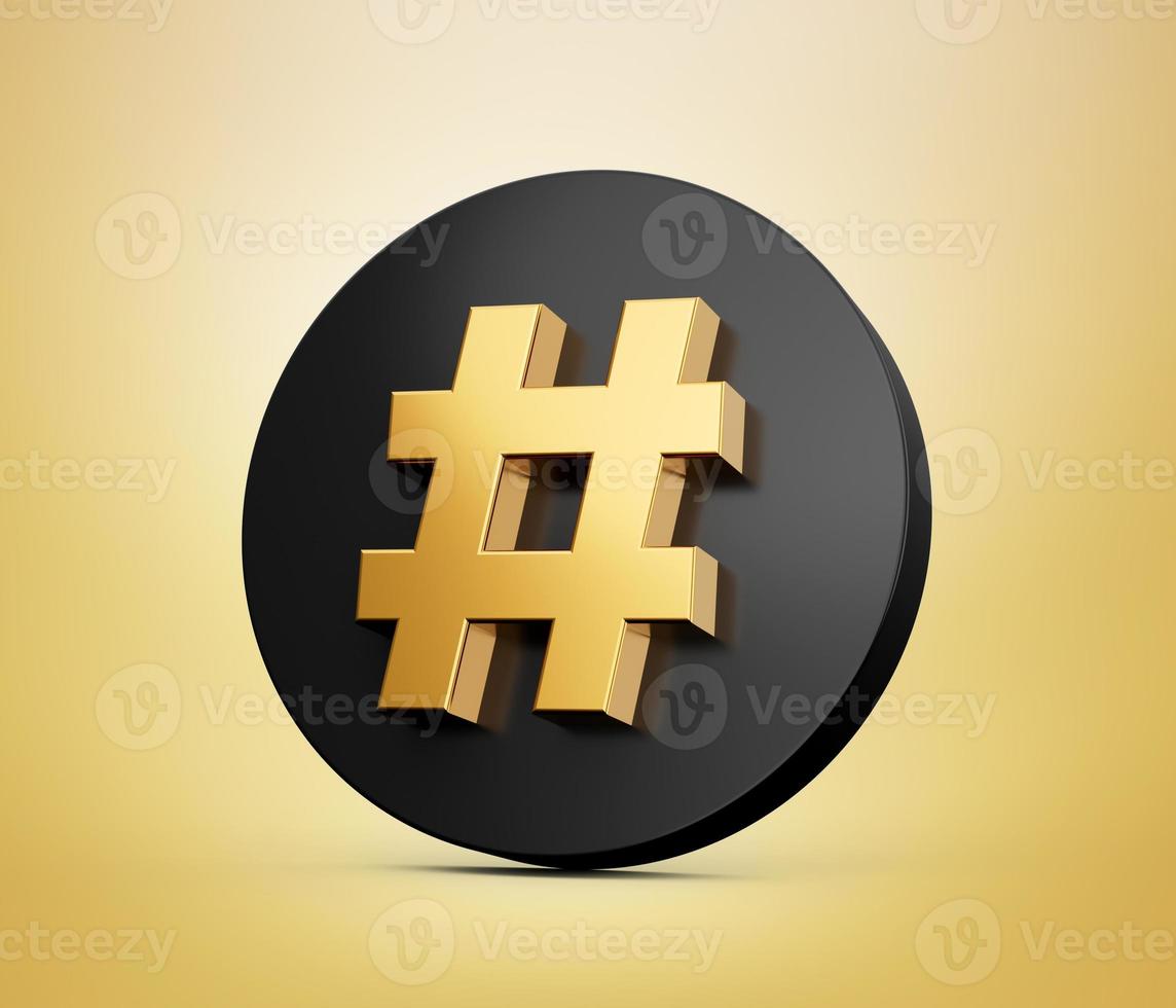 signe hashtag doré avec cercle noir sur fond blanc, illustration 3d photo