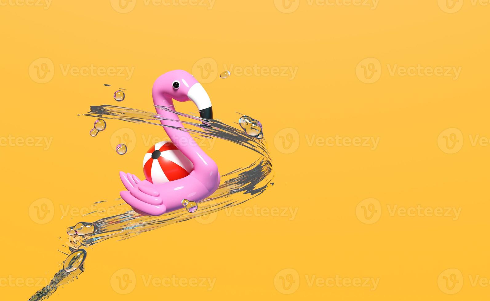 Flamant rose gonflable 3d transparent avec éclaboussures d'eau, espace de copie isolé sur fond orange. concept de voyage d'été, illustration de rendu 3d photo