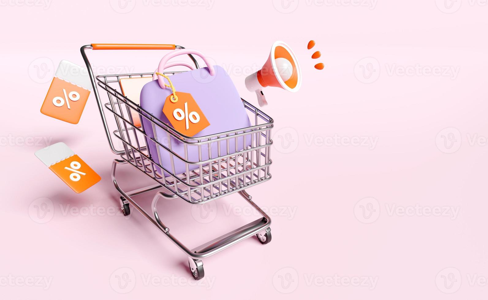 sac 3d, icône de vente à prix réduit pour faire des achats en ligne avec panier, mégaphone, panier, coupon d'étiquettes de prix isolé sur fond rose. bonus de promotion marketing, rendu 3d, chemin de détourage photo