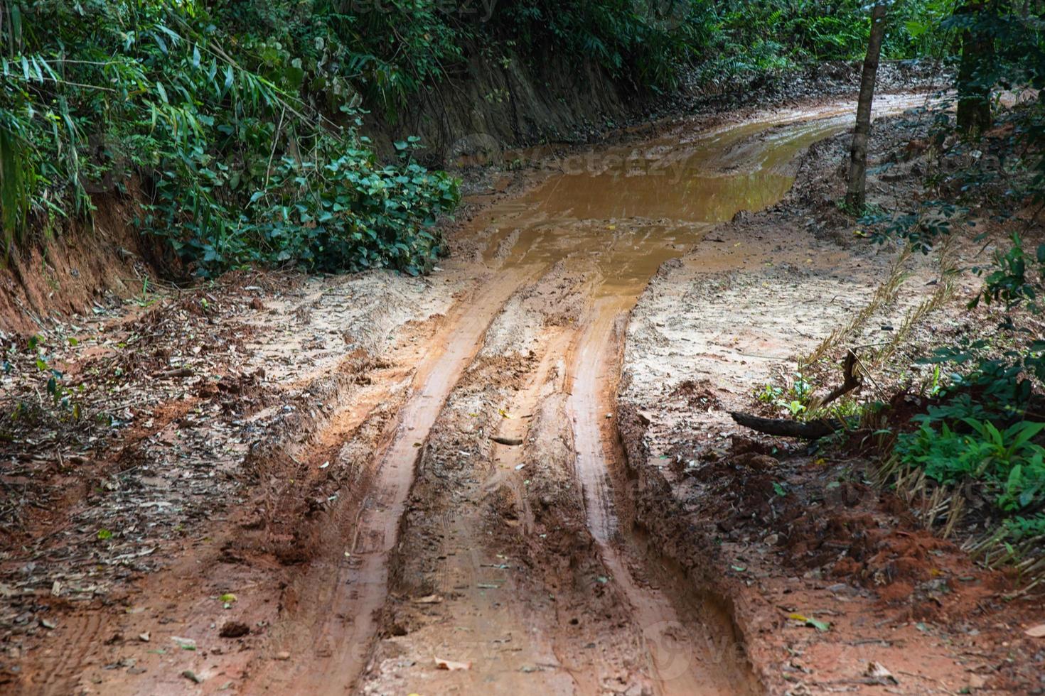 traces de pneus sur une route boueuse. photo