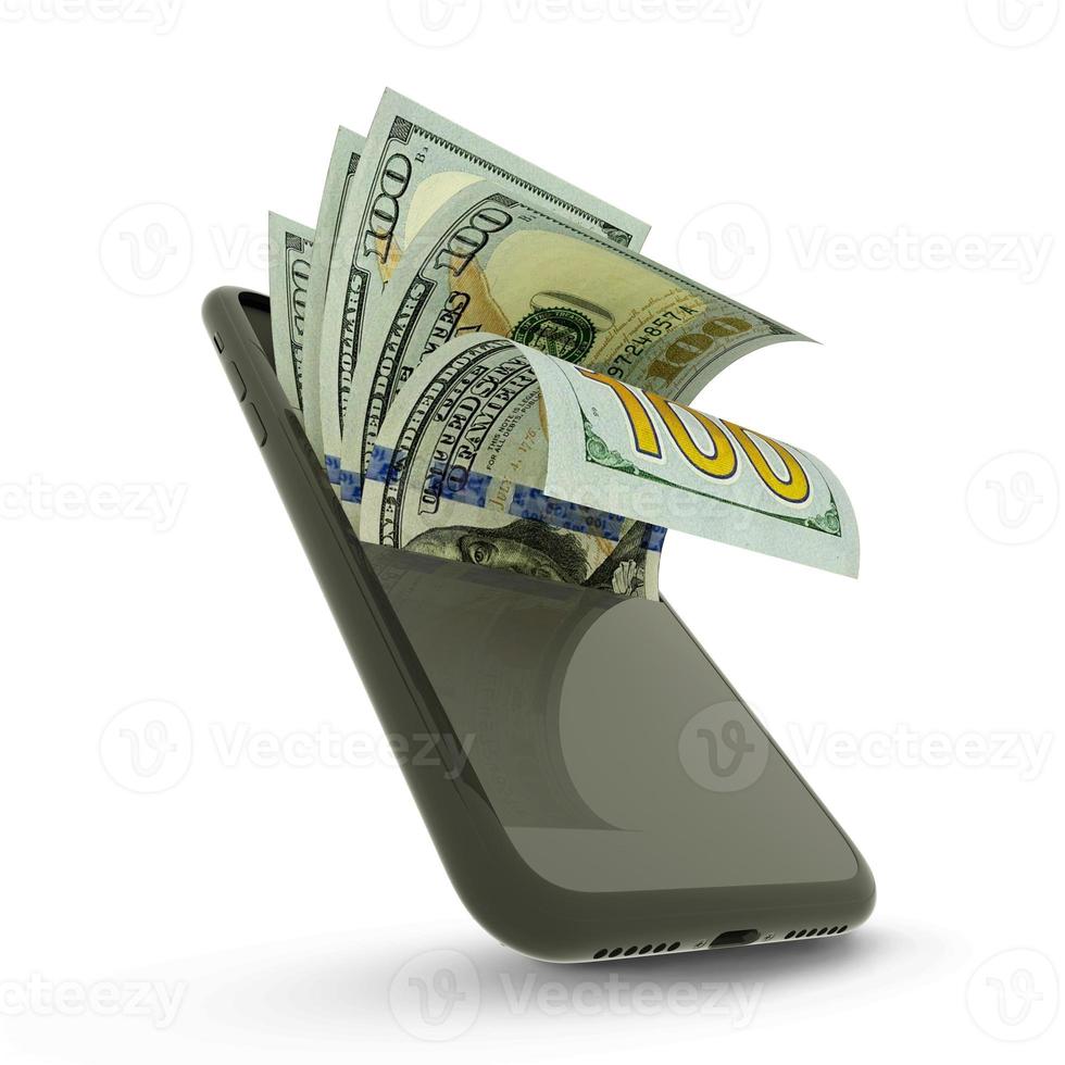 rendu 3d des billets en dollars américains à l'intérieur d'un téléphone mobile. l'argent qui sort du téléphone portable photo