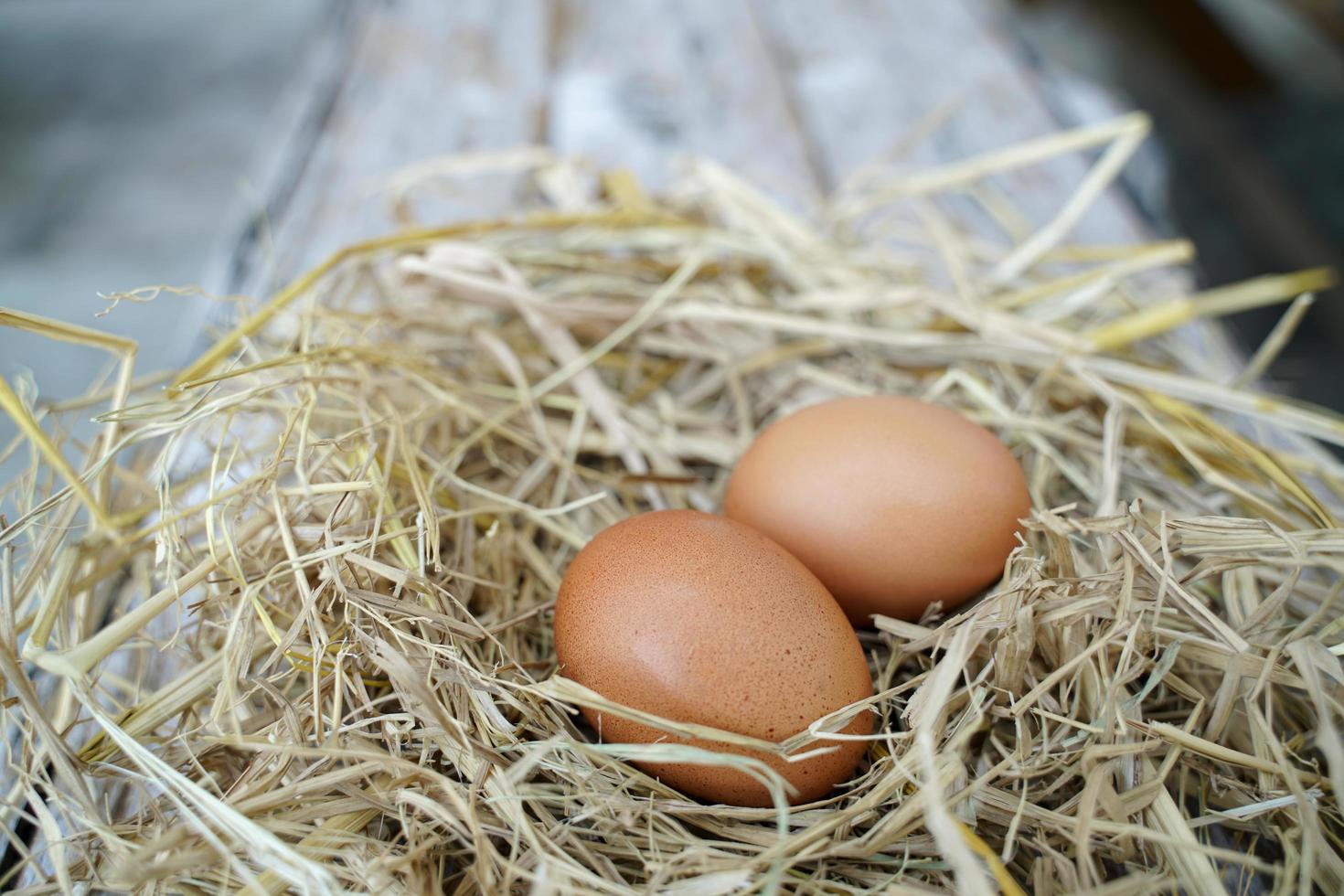 oeufs de poule frais sur paille sèche et table en bois dans une ferme de village rural en thaïlande. photo