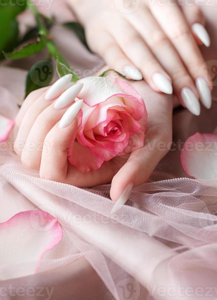 mains d'une jeune femme avec une manucure blanche sur les ongles photo