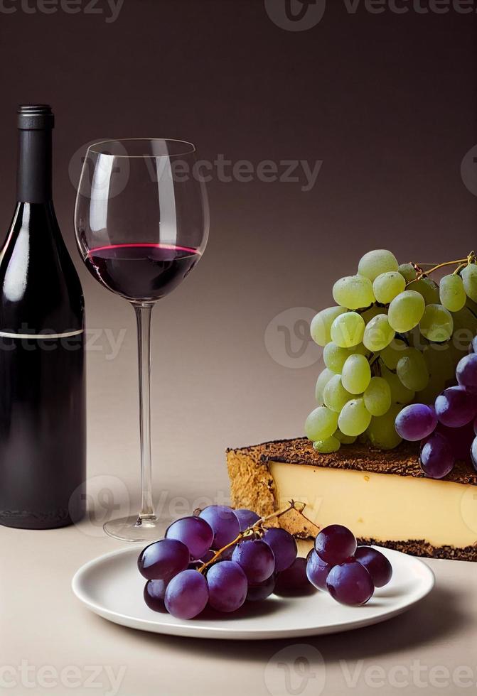 une bouteille de vin avec des raisins et une assiette de fromages. photo
