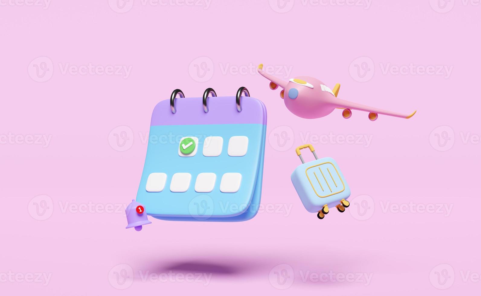 Calendrier 3d avec valise, avion, icônes de coche, date marquée, vol de cloche de notification isolé sur fond rose. rendez-vous, voyage d'été, concept d'itinéraire, illustration de rendu 3d photo