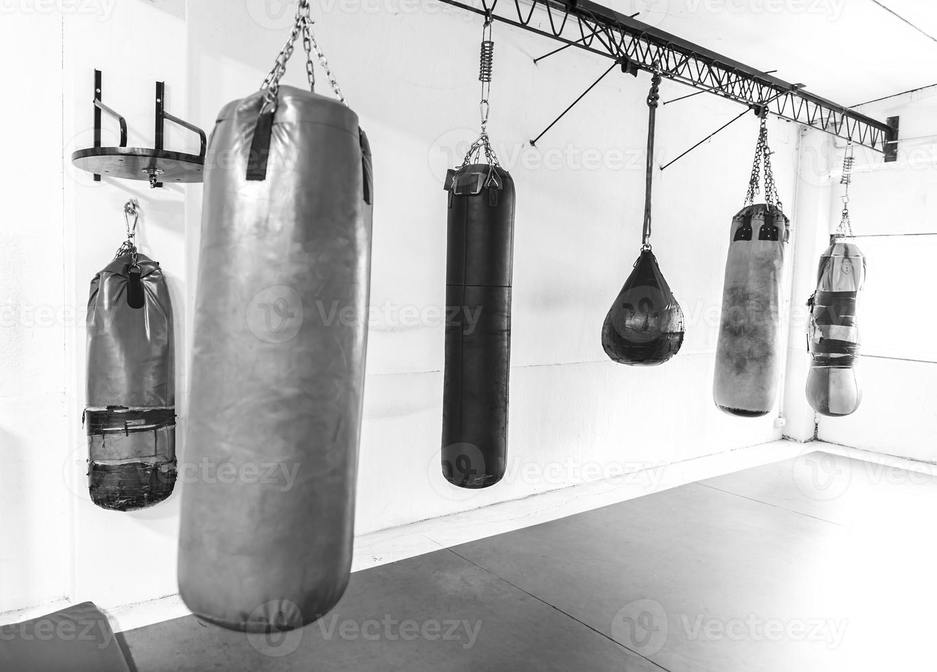 salle de boxe avec sacs suspendus, photographie de sport en noir et blanc photo