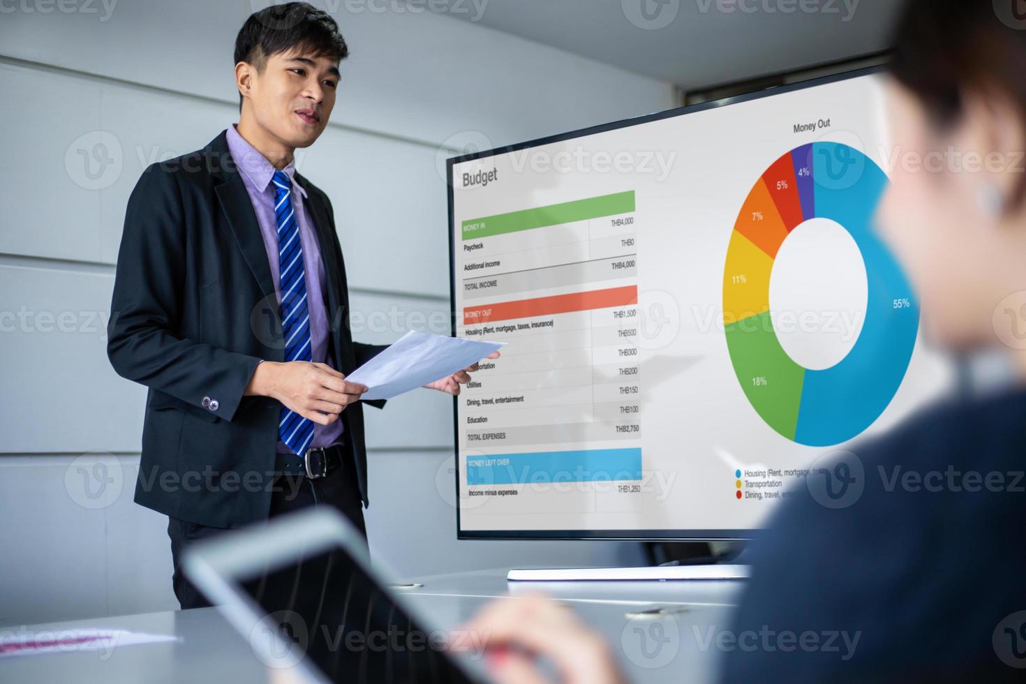 homme d'affaires asiatique présentant les résultats et les bénéfices de l'entreprise dans la salle de conférence photo