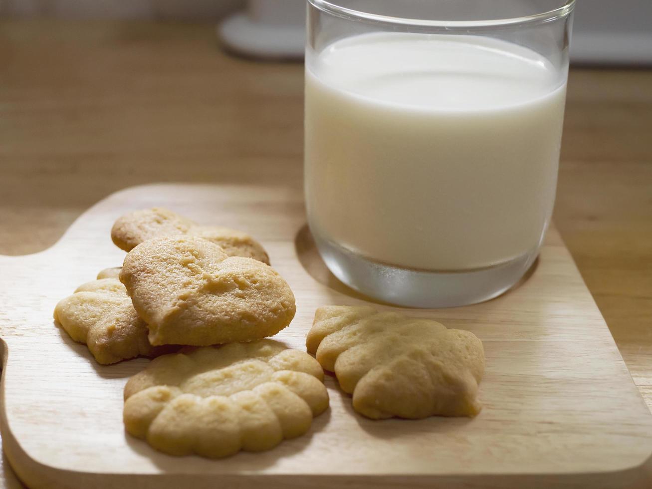 biscuits au beurre avec du lait prêt à servir, collation croustillante fraîcheur laitière photographie de boulangerie pour l'utilisation de fond de dessert sucré alimentaire photo