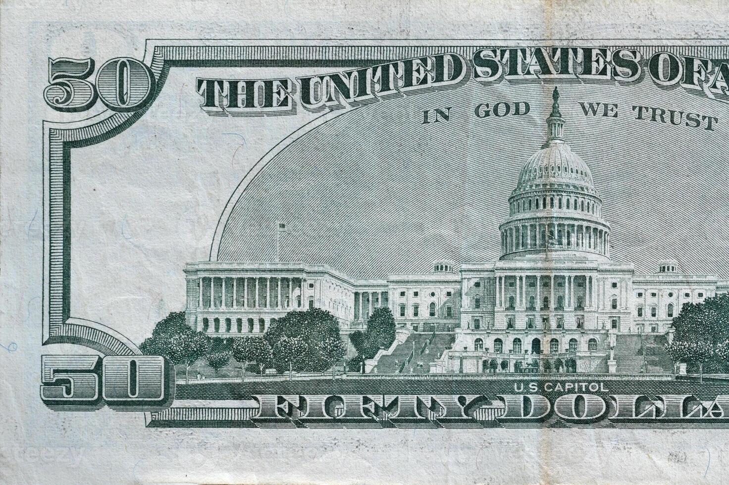 us capitol sur 50 dollars billet de banque gros plan verso fragment de macro. billet de cinquante dollars des états unis photo