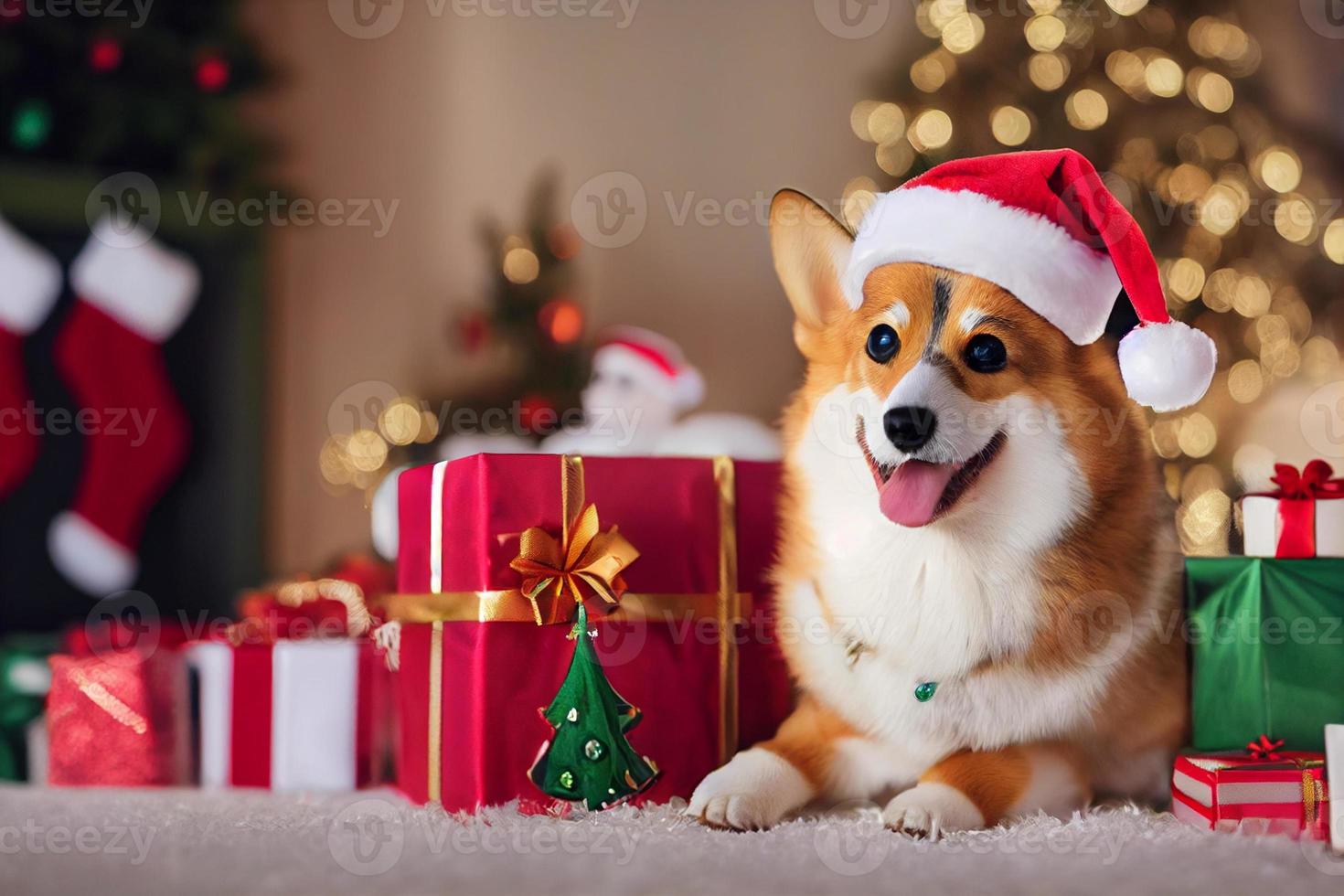 mignon chien corgi portant le chapeau du père noël dans une salle de noël avec des coffrets cadeaux. photo