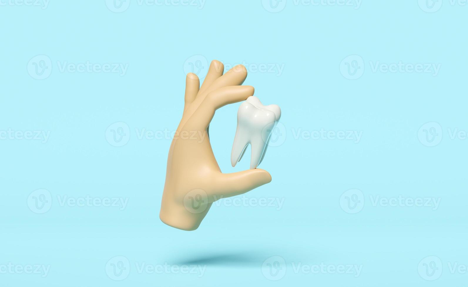 Les mains 3d tiennent l'icône du modèle de dents molaires dentaires isolée sur fond bleu. santé des dents blanches, examen dentaire du dentiste, illustration de rendu 3d photo