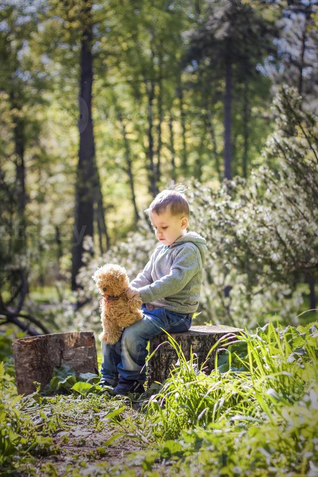 un garçon mignon joue avec un ourson dans la forêt. les rayons du soleil enveloppent l'espace de la clairière d'une souche. une histoire magique d'interactions pour le livre. espace pour la copie. sélectif photo