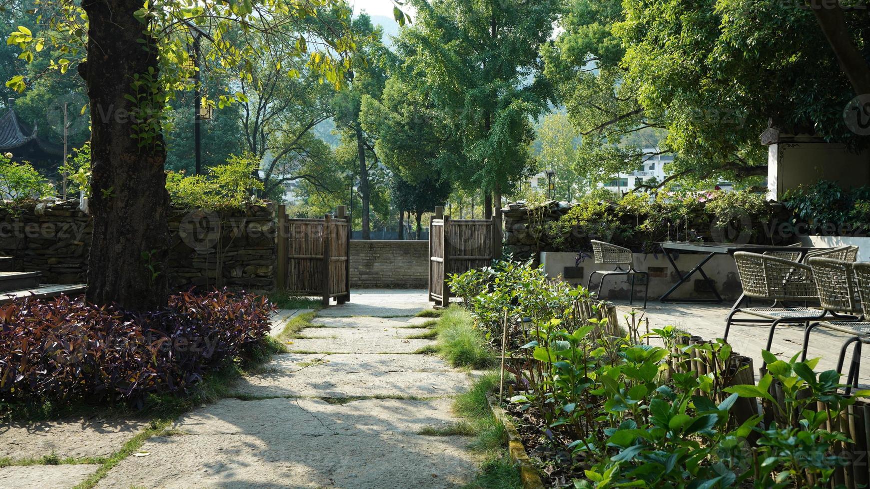 la belle vue sur le jardin avec les fleurs et les tables en pierre dans le village de campagne de la chine photo