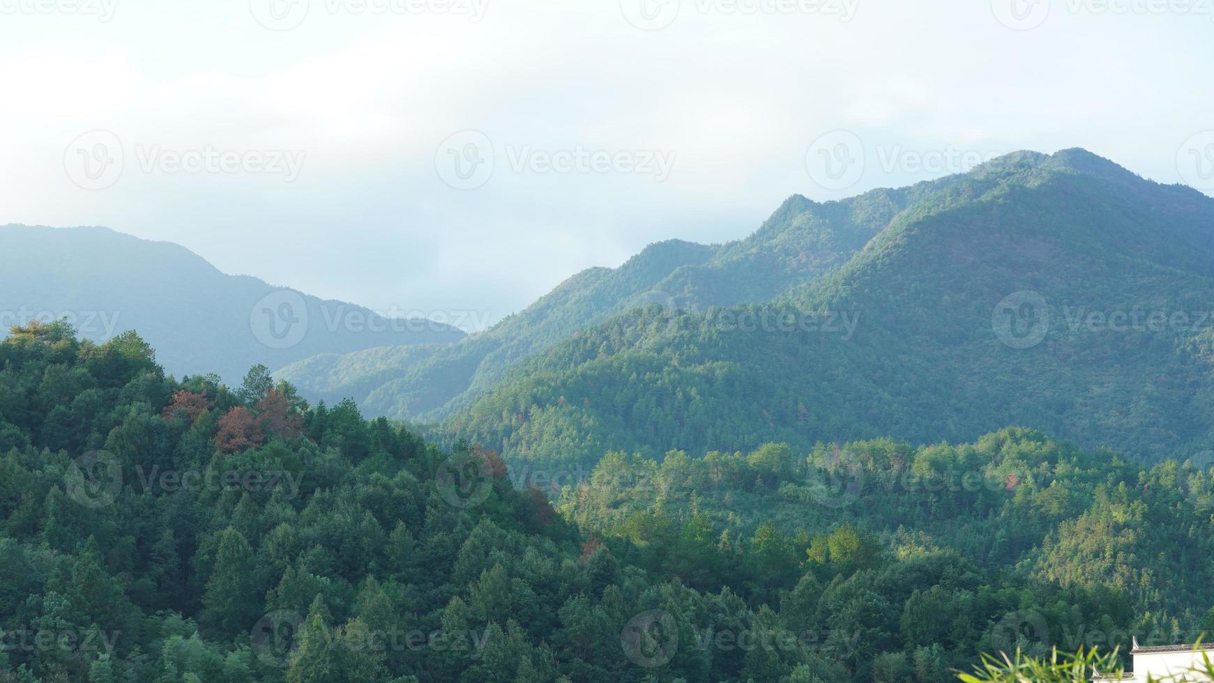 la belle vue sur le village chinois traditionnel avec l'architecture classique et les arbres verts frais en arrière-plan photo