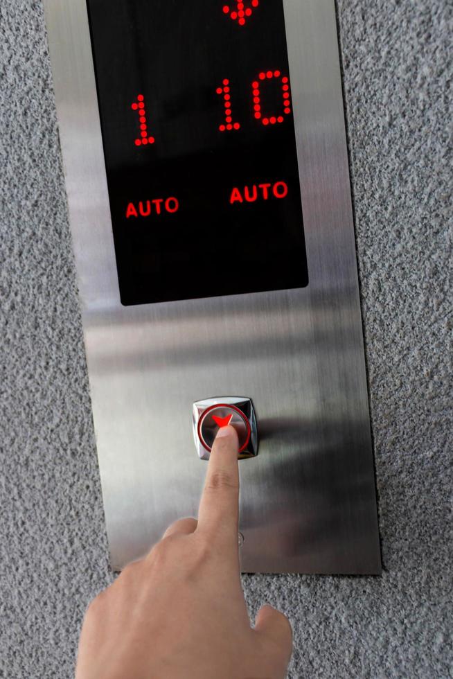 Doigt appuyant sur le bouton de l'ascenseur photo