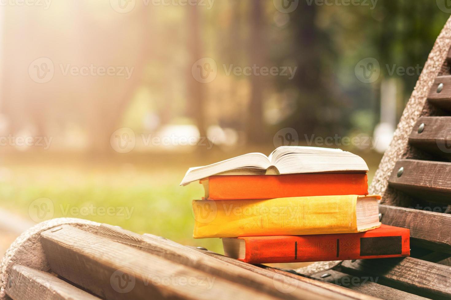 Pile de livre relié, livre ouvert allongé sur un banc photo