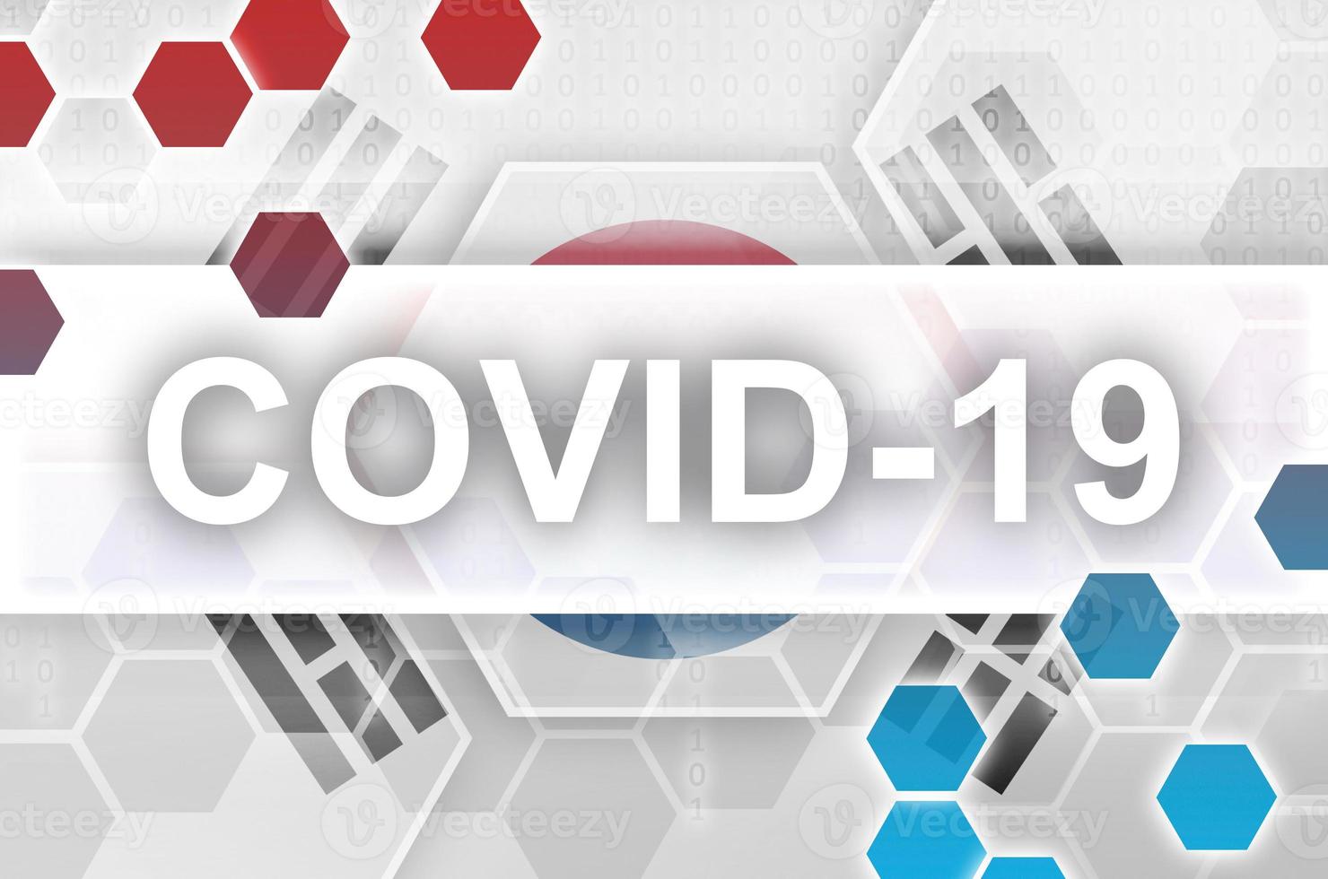drapeau de la corée du sud et composition abstraite numérique futuriste avec inscription covid-19. concept d'épidémie de coronavirus photo