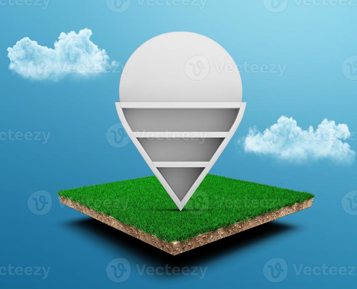 icône de broche de localisation en bois sur la section transversale de la géologie des sols cubiques avec herbe verte, écologie du sol isolée sur le ciel bleu. Illustration 3D. photo