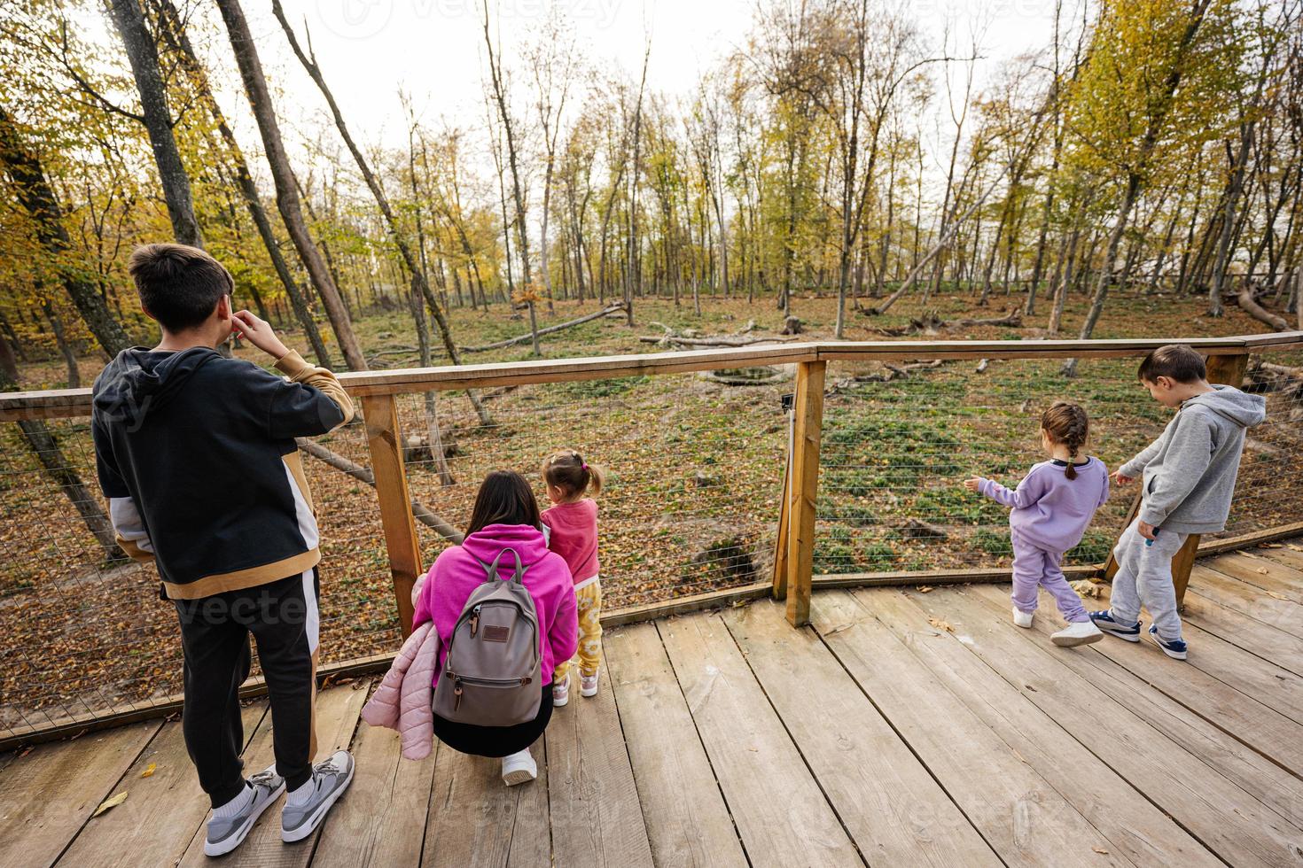 famille avec quatre enfants regardant des animaux sauvages depuis un pont en bois. photo