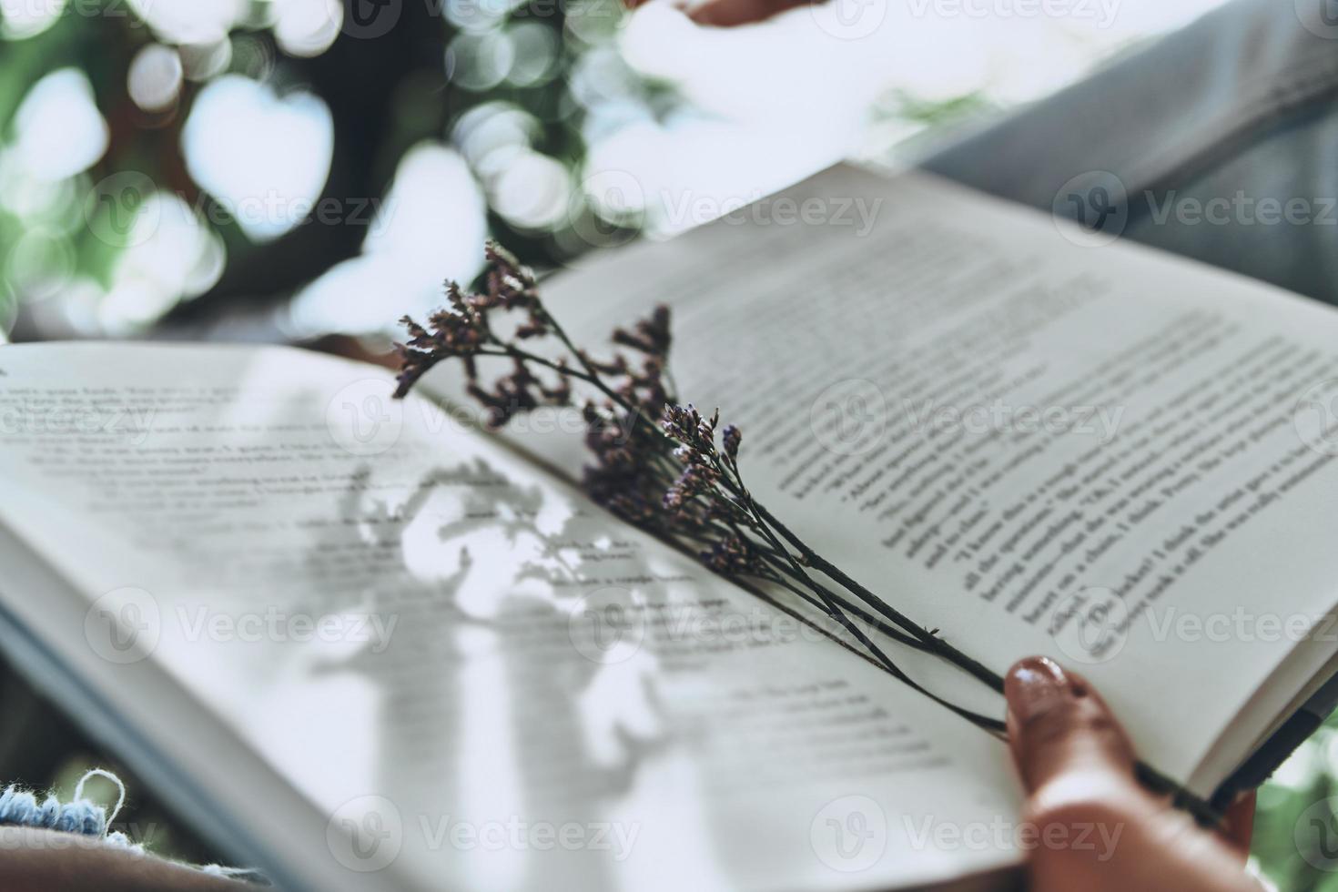 meilleure façon de passer la journée. gros plan d'une femme tenant un livre ouvert tout en passant du temps à l'extérieur photo