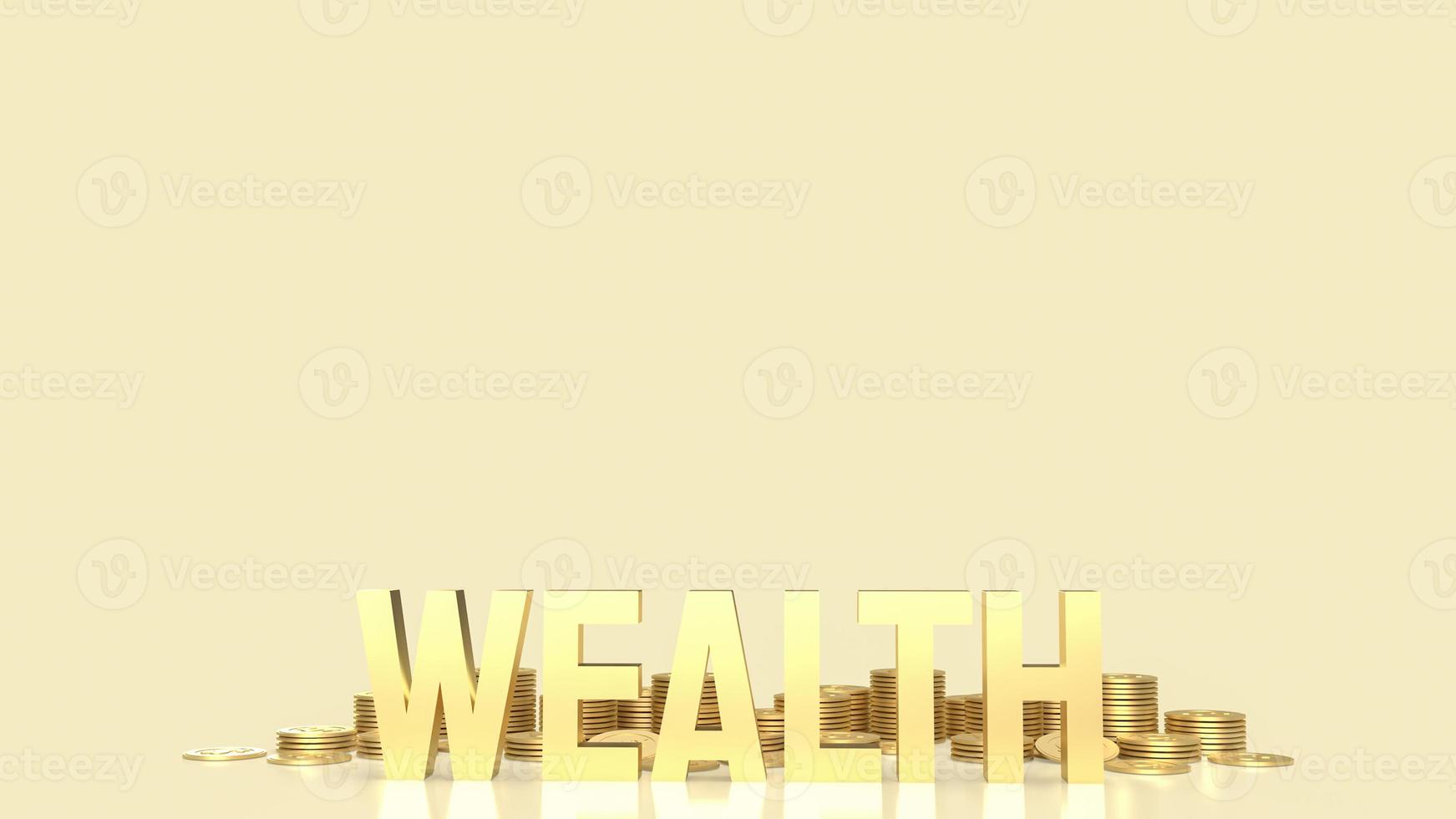 le texte de la richesse en or et les pièces d'or pour le rendu 3d du concept d'entreprise photo