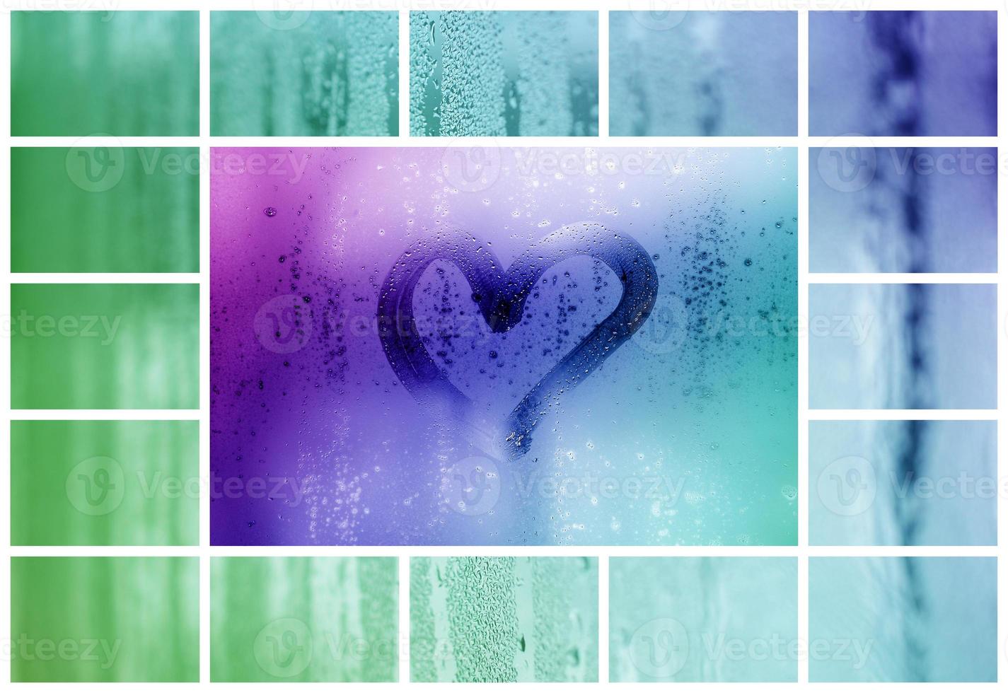 un collage de nombreux fragments de verre différents, décorés de gouttes de pluie provenant du condensat et d'un cœur peint au centre photo