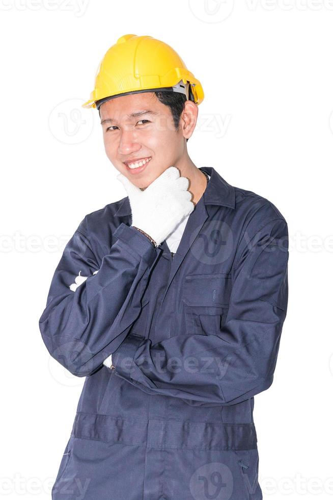 jeune travailleur debout sur blanc photo