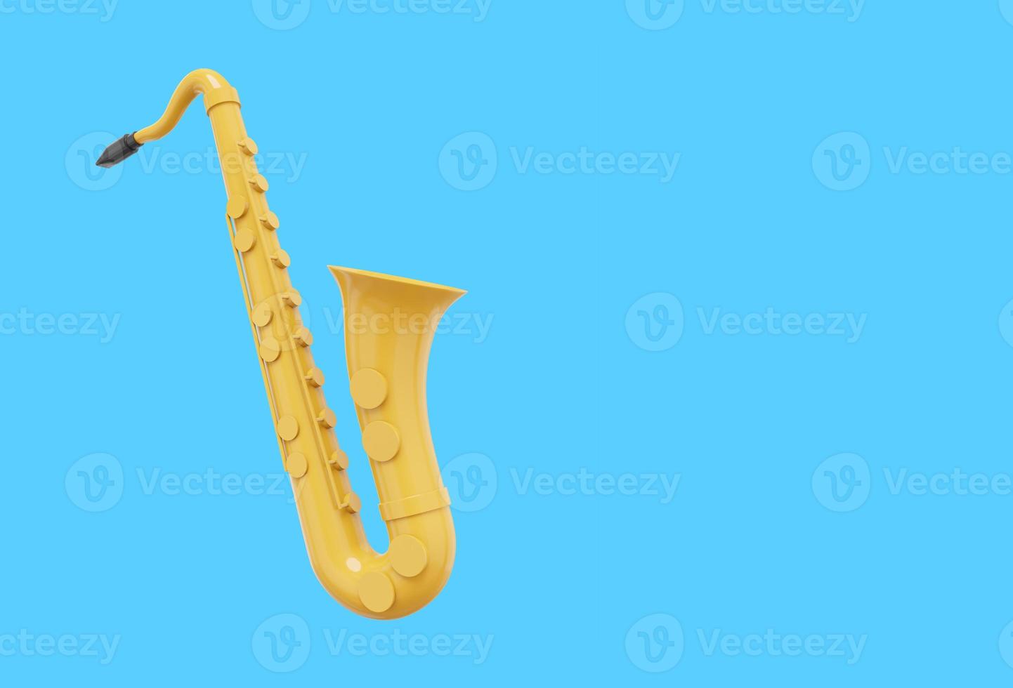 saxophone jaune, instrument de musique, de côté. rendu 3d. icône sur fond bleu, espace pour le texte. photo