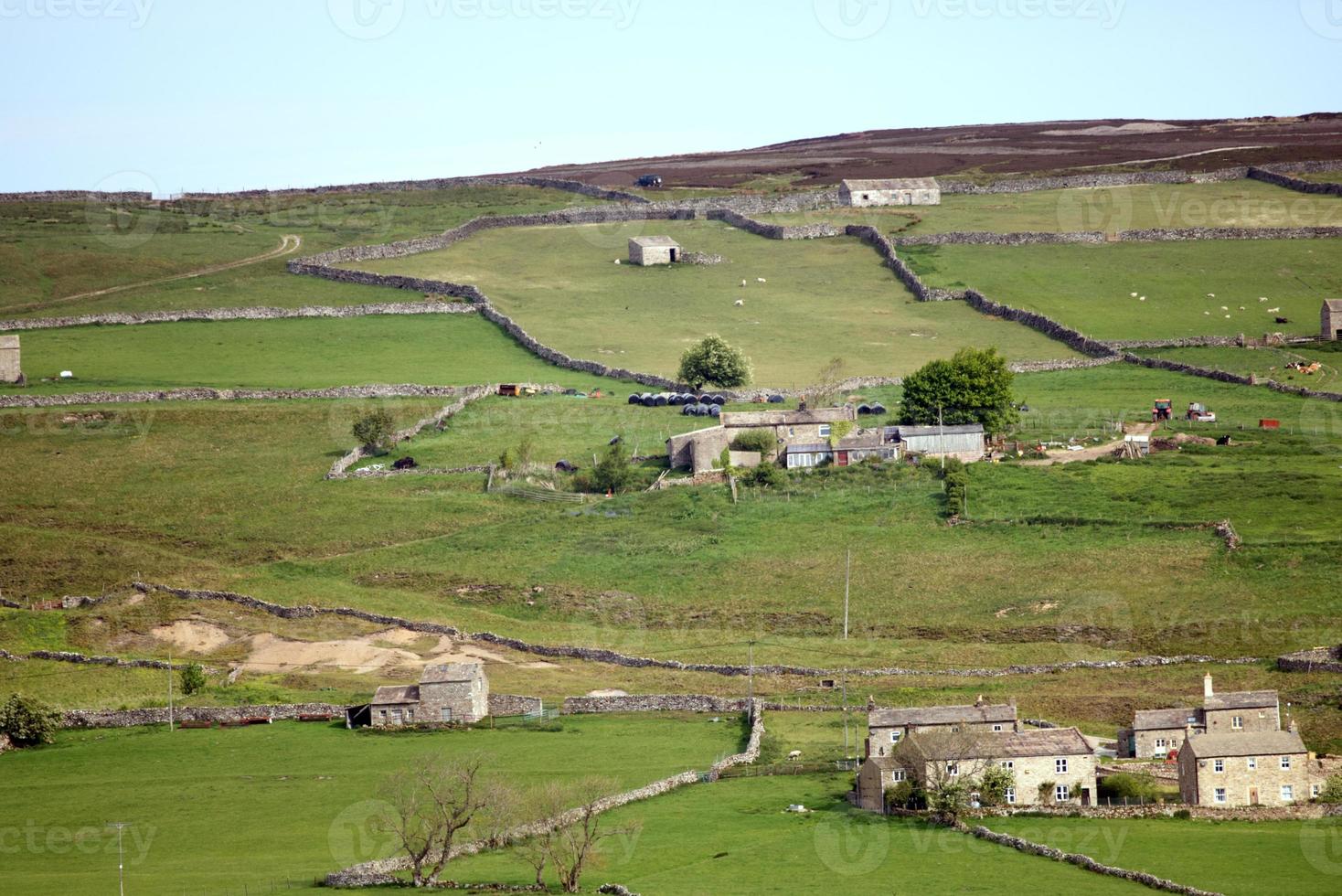 yorkshire dales vista avec parois rocheuses et fermes un ciel bleu en arrière-plan photo