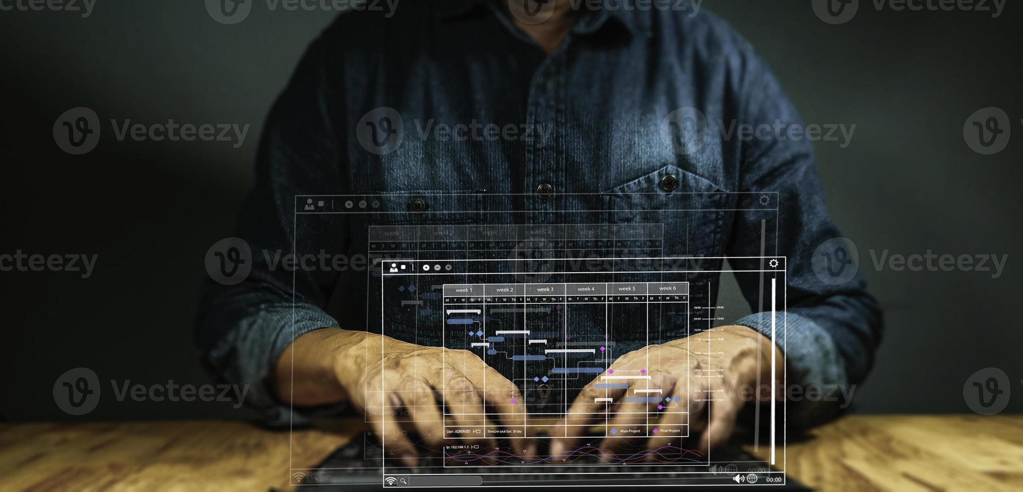 analyste travaillant avec un ordinateur dans l'analyse commerciale et le système de gestion des données pour créer un rapport avec des kpi et des métriques connectés à la base de données. stratégie d'entreprise pour les finances, les opérations, les ventes, le marketing. photo