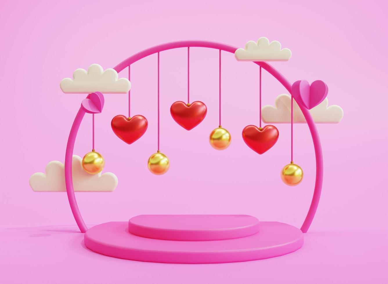 Rendu 3d amour podium de la saint-valentin avec coeur de nuage photo