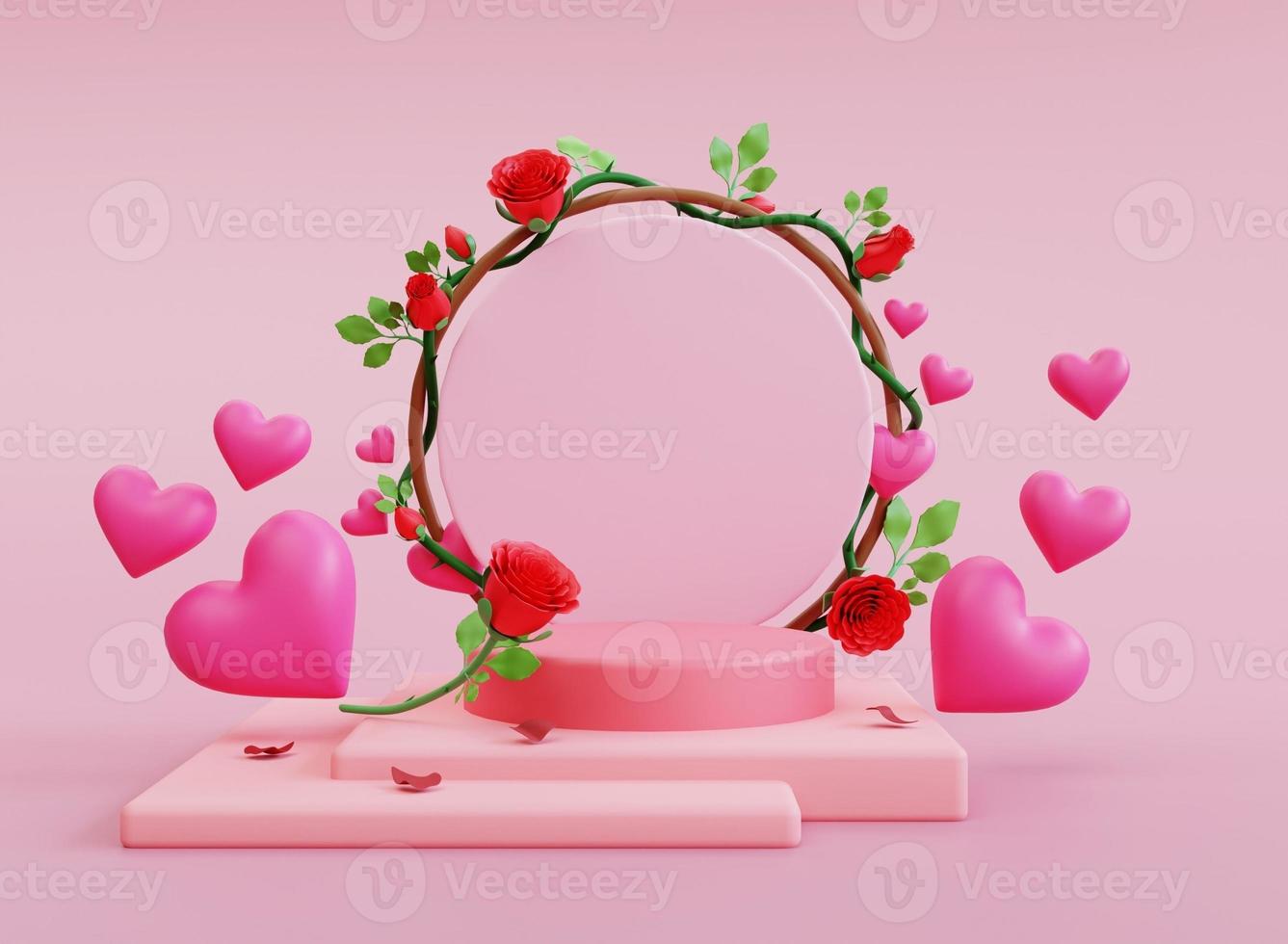 rendu 3d love podium de la saint-valentin avec fleur photo