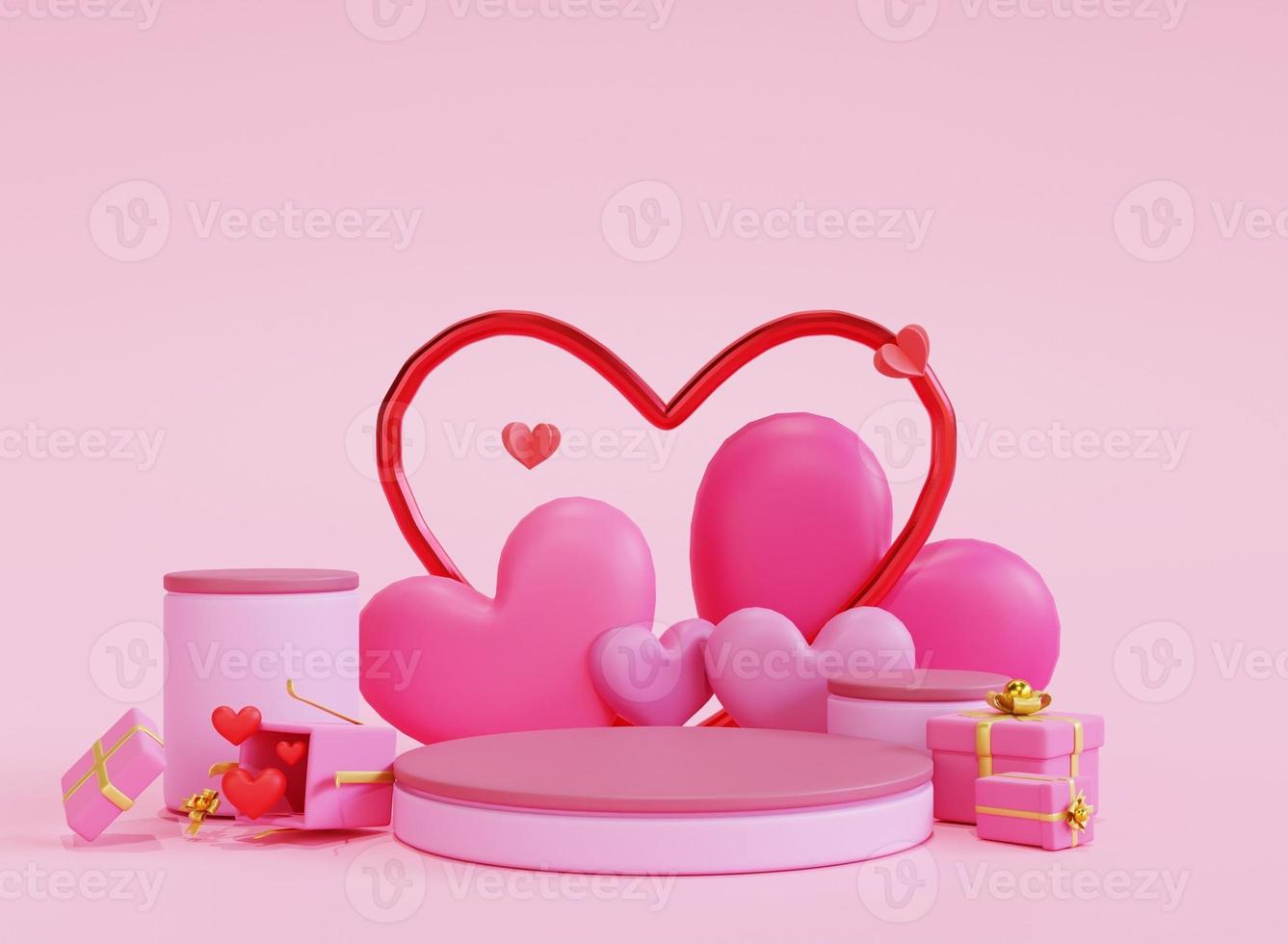 Rendu 3d amour podium de la saint-valentin avec boîte-cadeau photo
