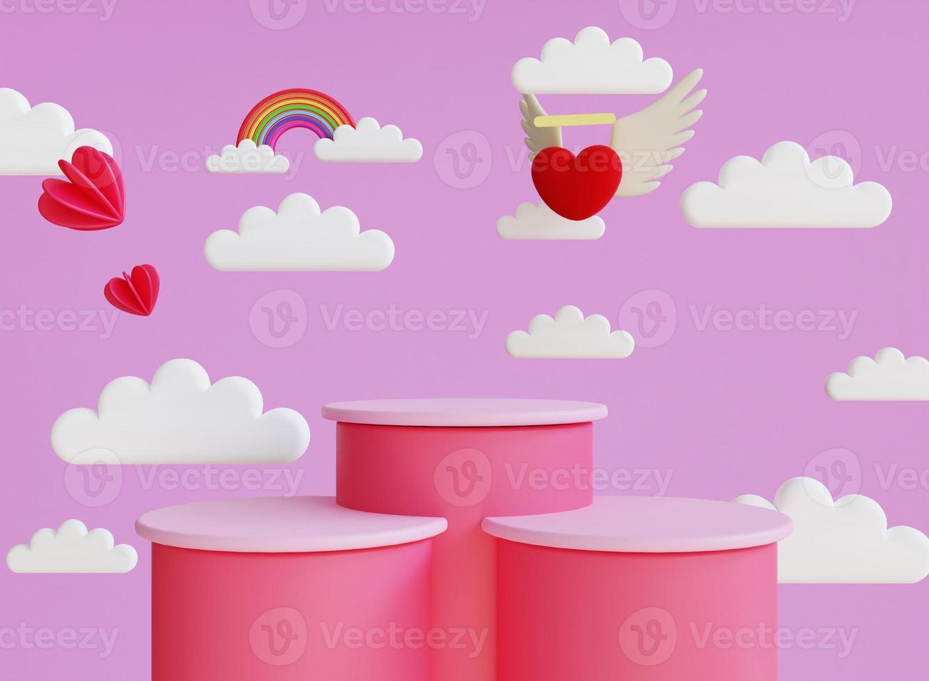 Fond d'affichage du podium de la Saint-Valentin rendu 3d avec nuage de coeur d'amour et arc-en-ciel photo