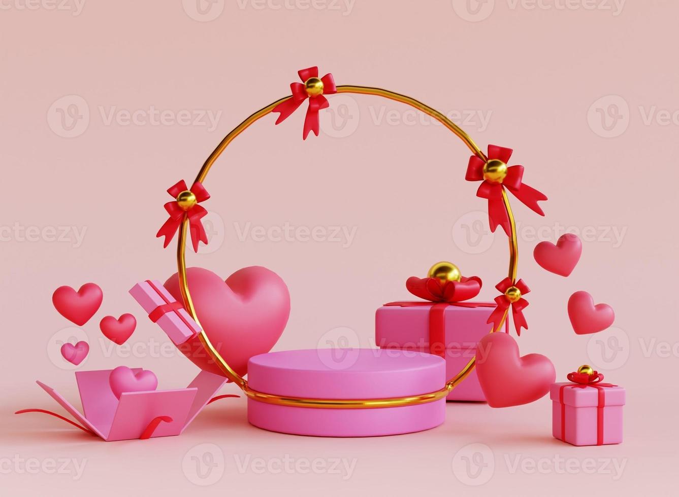 Fond d'affichage du podium de la saint-valentin rendu 3d avec cadeau et amour photo